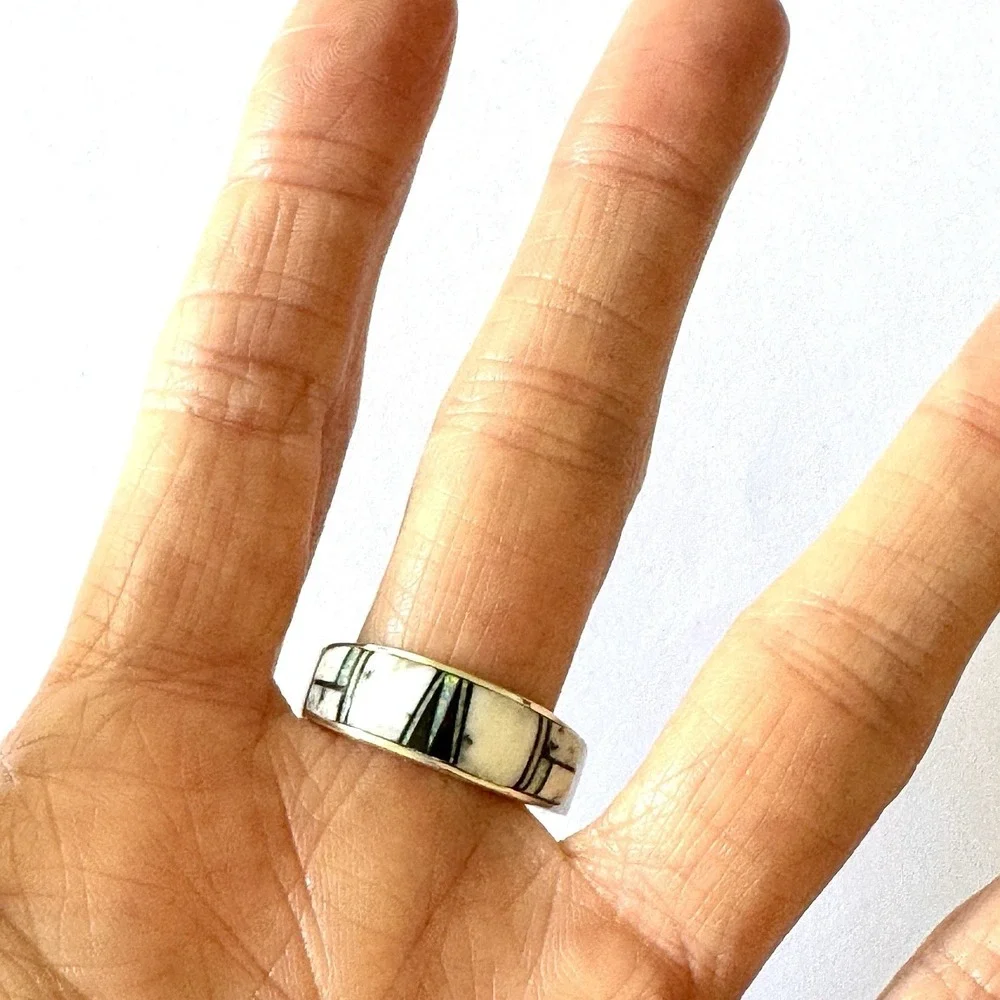 Navajo Wedding Band Sz 11 Inlay Ring Opal White Buffalo 8mm Mens Signed A Tolino